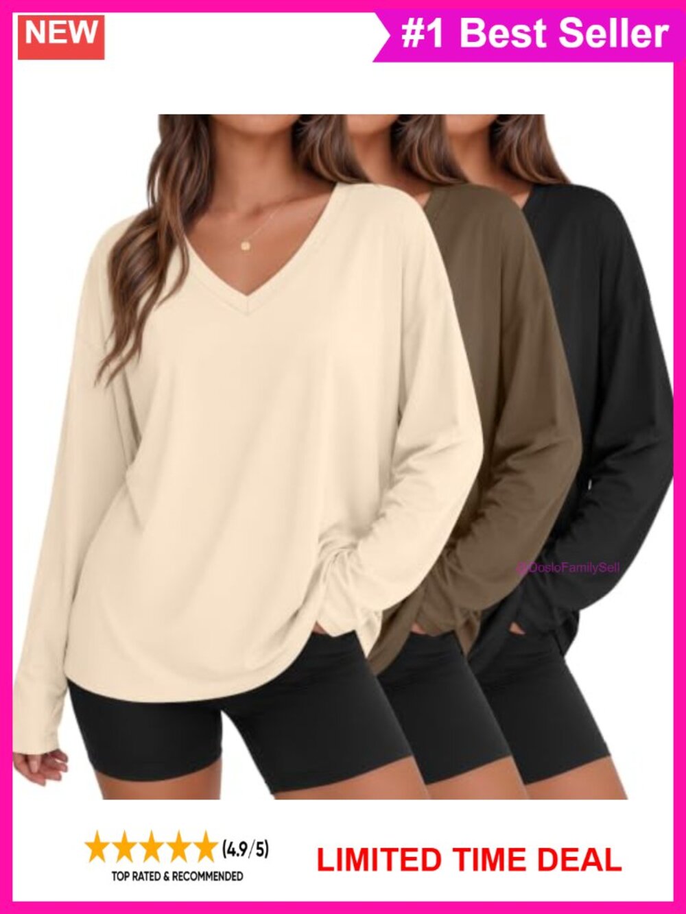 3 Pack Oversized Long Sleeve V Neck T-Shirts Cotton Blend Relaxed Fit